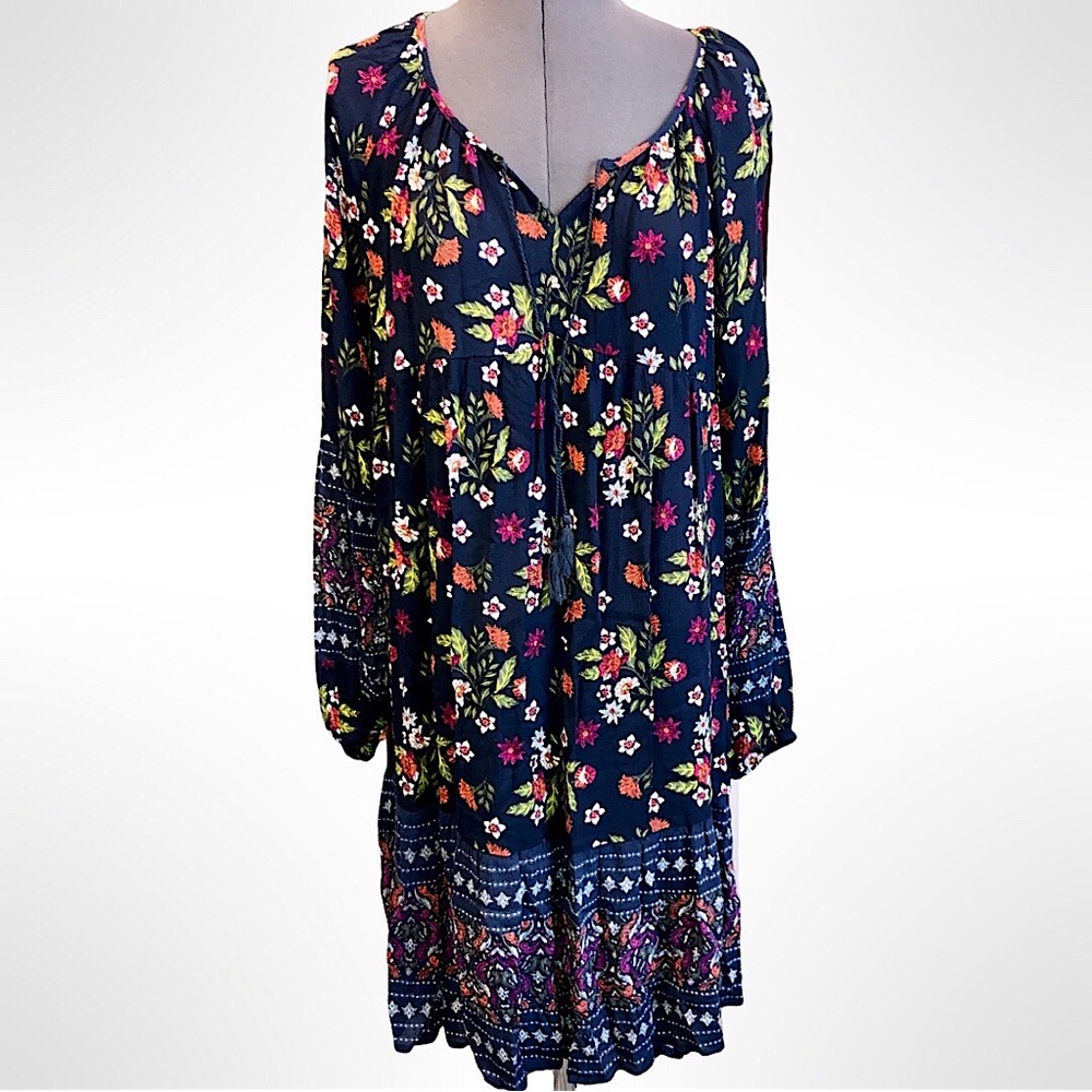 Time & Tru Women’s Blue Floral Long Sleeve Tiered Skirt Peasant Boho Dress